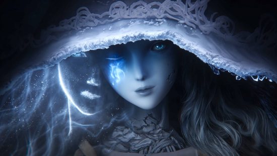 Elden Ring quality open-world pioneer - a woman with a porcelain face and a delicate lace hat, with one blue ethereal eye and one that's blind, but a ghostly afterimage of her own face. Her neck is shattered.