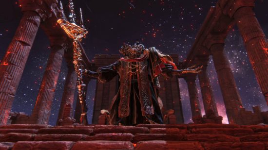 Elden Ring quality open-world pioneer - a demonic priest stands on an altar with a three-pronged spear in his hand. The sky above twinkles with stars.