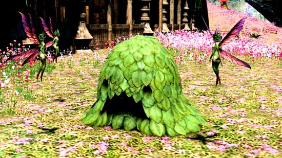 FFXIV Live Letter 75 - a creature made of green leaves, with two eyes and a wide, gaping maw, surrounded by floating faeries