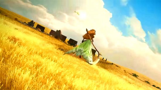 FFXIV Live Letter 75 - a giant woman wearing a green dress and holding a scythe stands among golden fields, under a beautiful blue sky
