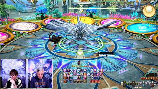 FFXIV Live Letter 75 - the team fights a winged creature in the new Shifting Gymnasion Agonon treasure dungeon, surrounded by a colourful roulette wheel