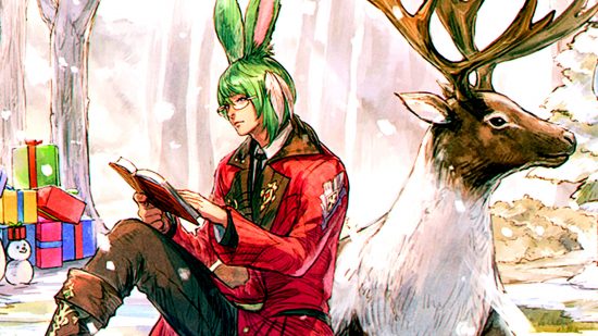 FFXIV Starlight Celebration 2022 - a green-haired Viera reads a book while seeting next to a large white-haired reindeer