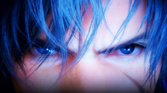 Final Fantasy 16 rated for nudity, sexual themes, gore, and swearing. A pair of piercing blue eyes, belonging to a character from RPG game Final Fantasy 16