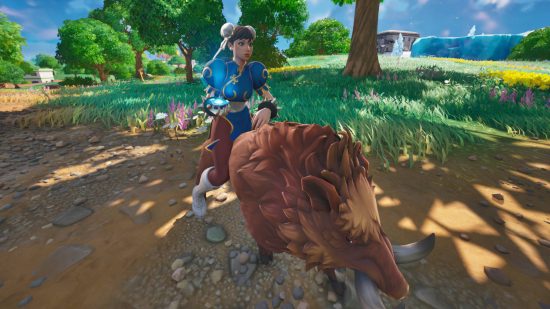 Fortnite augments - Chun-Li is sitting on a boar, holding an augment in her hand.