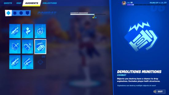 Fortnite augments - the unlockable augments screen in the main menu. All but one of the combat augments is unlocked and Demolitions Munitions is being shown.