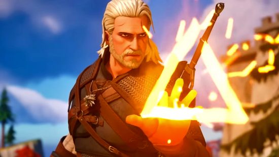 Fortnite Chapter 4 Season 1 launch - Geralt making the Igni sign, an upwards-pointing triangle