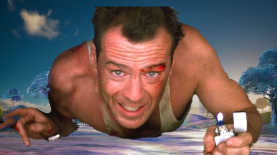 Fortnite Die Hard crossover could be coming to the battle royale game. This image shows John McClane in front of a Fortnite background.