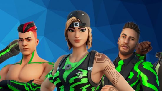 Fortnite Football Club adds new skins and map to kick about in. This image shows three of the Fortnite Football Club skins.