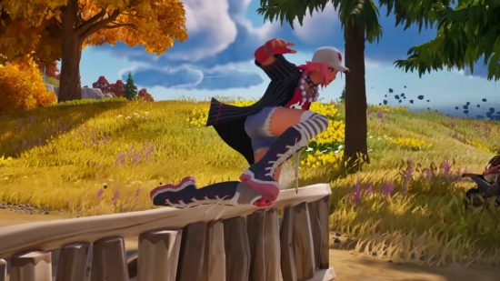 How to hurdle in Fortnite - a Fortnite looper with pink hair hurdles over a wooden build