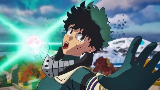 New Fortnite skins will let you live your My Hero Academia fantasy. This image shows Deku mid-smash.