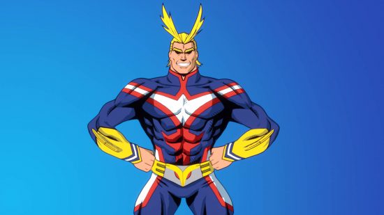 Fortnite My Hero Academia skins - All Might standing with his hands against his wait in a heroic pose. His hair is sticking up and his muscles are bulging.