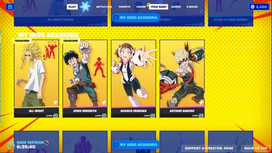 Fortnite My Hero Academia skins - all four available skins in the shop.