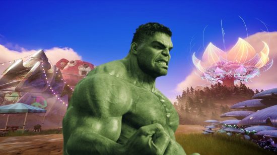 Fortnite Skin lar spillerne kanalisere Hulken kommer snart. Dette bildet viser Hulken foran en blå bakgrunn .