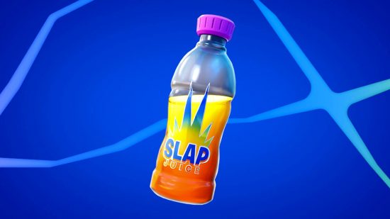 Сік Fortnite Slap: пляшка яскраво -помаранчевого та жовтого соку на синьому тлі