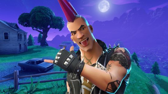 Fortnite weapon will turn you into a build-wrecking Guitar Hero. This image shows a rocker in front of a Fortnite background.