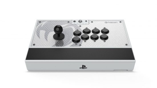 The Nacon Daija in white with a PlayStation logo on its front. It has black buttons and a black ball-top stick.
