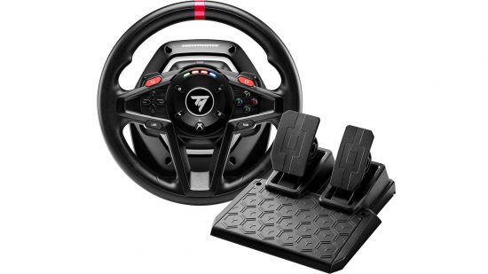 Gaming PC Arcade - a Thrustmaster T128 steering wheel with Xbox controller and pedals for acceleration and braking.