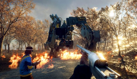 Generation Zero experimental weapons: A player holding a silver shotgun is joined by another player with a rifle and '80s-style clothes to fight a massive enemy walker machine
