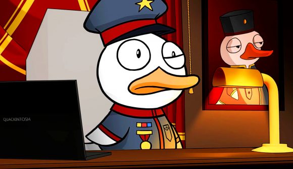 Goose Goose Duck - a cartoon goose in a military uniform stands at a desk, their left eye twitching