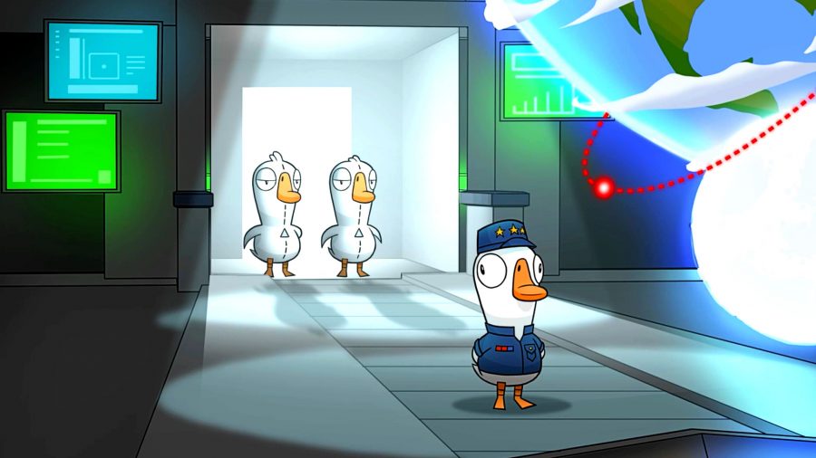 Goose Goose Duck - two sinister-looking geese stand behind a uniformed goose in a space ship