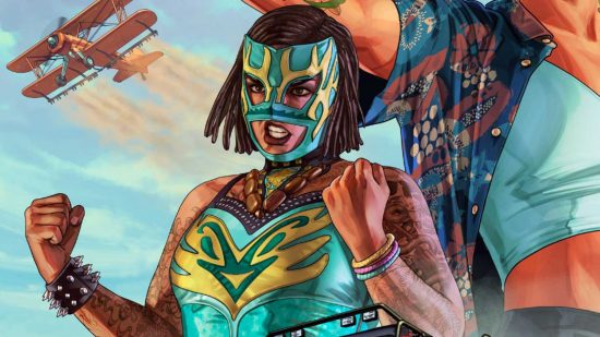 GTA 5 DLC brings back beloved campaign character, lets you make drugs: A woman in a blue and yellow wrestling mask and blue suit clenches her teeth with her fists balled as an old seaplane flies past in the background