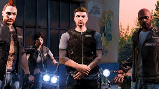 GTA Online weekly update - four figures in leathers stand in front of several motorcycles, looking mean