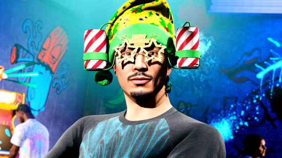 GTA Online - a man with a goatee wearing a festive new year hat with star glasses and attached drinks cans
