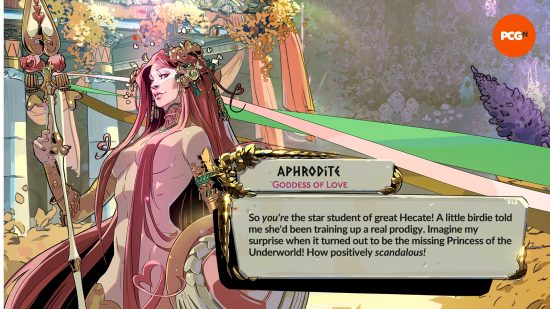Aphrodite, one of the Hades 2 Gods, stands nude with long pink hair covering her body, and says, "So you're the star student of the great Hecate!"