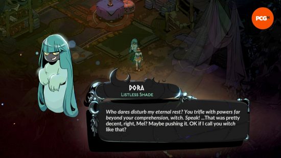 Dora, a turquoise ghostly apparition, is one of the characters in Hades 2.