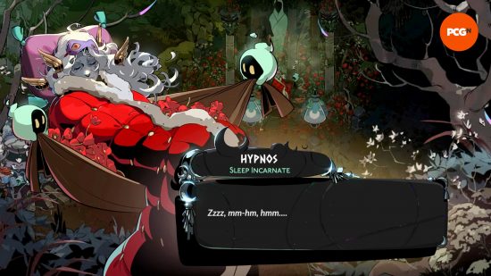 Hypnos, one of the Hades 2 characters and the representation of Sleep Incarnate, sleeps in a red robe.