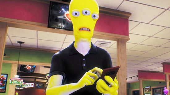 High on Life is trapping Steam players inside Applebee’s. A yellow alien waiter with three eyes at Space Applebee's in FPS game High on Life