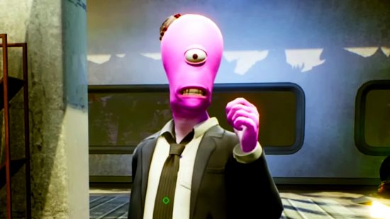 High on Life - a pink, one-eyed alien in a black suit and tie