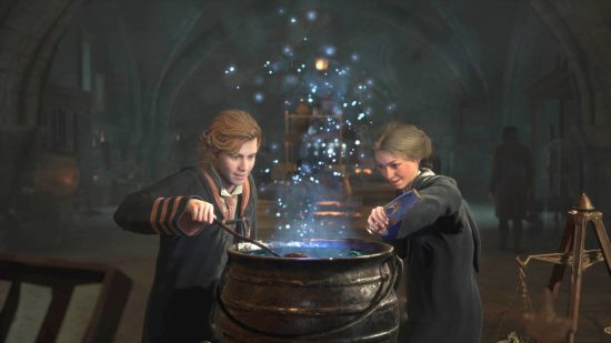 Hogwarts Legacy characters - a Gryffindor and Ravenclaw student working together to brew a potion.
