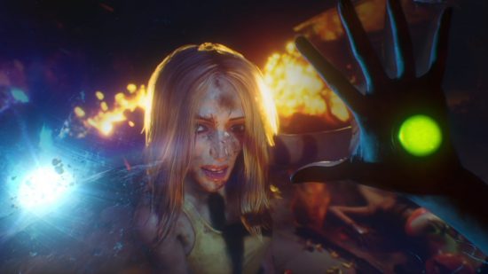 Judas reveal trailer: A young woman with blonde hair, covered in battle grime, places her hand against a spaceship window - behind her a smouldering wreck can be seen