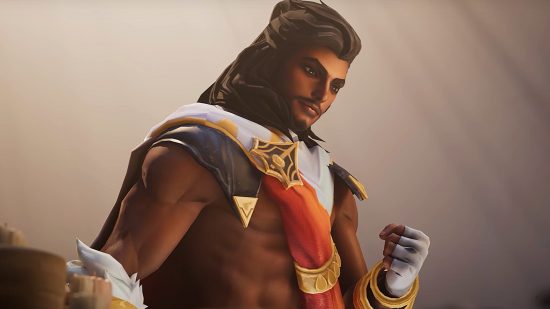 League of Legends Akshan bug is turning minions against their team: A tanned man with black hair tied back in a ponytail clenches his fist with a smile wearing white armour that shows his muscled chest