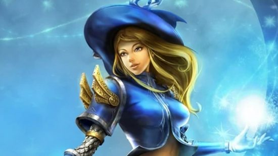 League of Legends patch 12.23b preview: Huge Udyr changes, Lux buff: A blonde woman in a sorcerer's hat and blue cloth armour sits in front of the moon conjuring a blue magical orb
