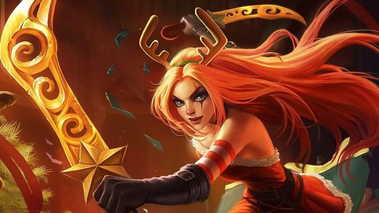 League of Legends Katarina look inspired by Skin Spotlights is a must: A blonde woman wearing black clown-like eye makeup looks into the camera wearing reindeer antlers and a red and white Santa costume holding two ornate golden daggers