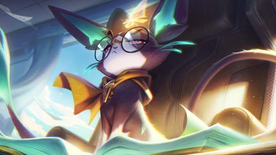 League of Legends Yuumi nerfs spark concern, but Riot isn't worried: A black cat with a white muzzle wearing round glasses sits proud on a book