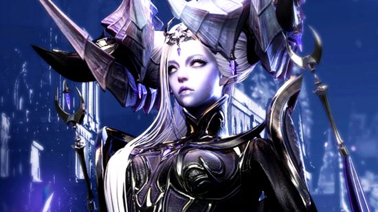 Lost Ark December update - Brelshaza, a pale-skinned lady with long white hair flowing over one shoulder and giant horns, wearing a high-collared black and gold set of armour
