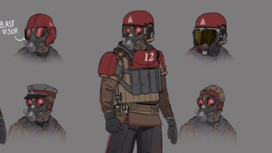 Marauders Update: Concept art of the Red Baron boss shows several possible looks, with the central figure wearing padded flak armour accented by hard red plates, a gas mask with red lenses, and a red helmet
