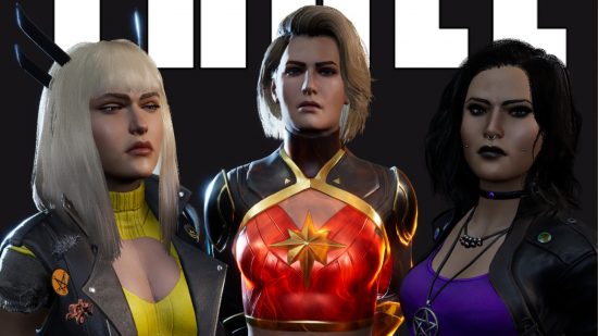 Three superheroes stand together, Captain Marvel, Magik, and Nico on a black background