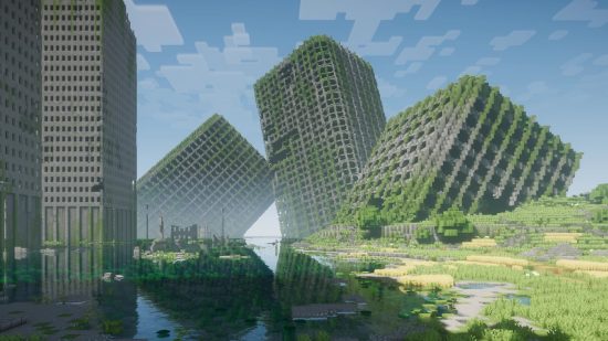 Minecraft map Nier Automata: Abandoned buildings have tilted at bizarre angles with water and vegetation covering the landscape beneath them in this Minecraft map