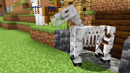 Minecraft Mobs: een skeletpaard staat voor twee handelaar