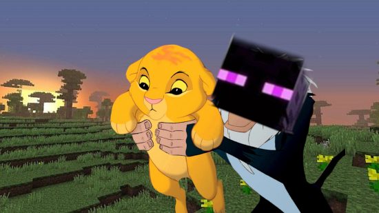 Minecraft mod turns Endermen into Slendermen, and it's terrifying. This image shows Rafiki holding Simba but with an Enderman head.