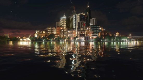 Shader Minecraft Terbaik: Pemandangan kota bersinar terang dalam gelap dan tercermin dalam air realistis yang mengelilinginya dengan shader Continuum RT baru yang dilengkapi