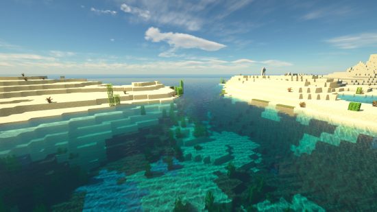 Minecraft Shaders: Oszałamiająca, falująca woda przepływa między dwoma wybrzeżami pustynnymi w Minecraft z zainstalowanymi realistycznymi shaderami Seus