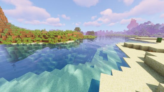 Shader Minecraft Terbaik: Sildurs Vibrant Shaders menampilkan sungai yang tampak cerah dengan air yang tampak realistis.