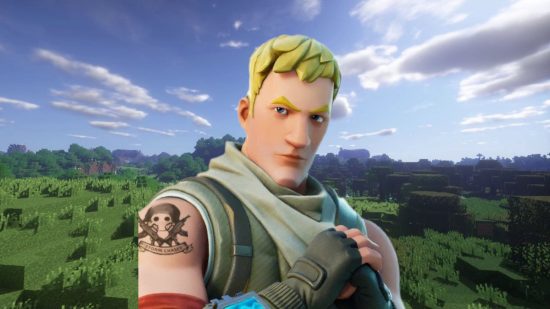 Minecraft skin lets you drop in as Jonesy from Fortnite. This image shows Jonesy in front of a Minecraft background.