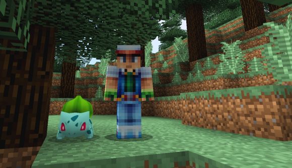 Minecraft skins: Ash Ketchum stands next to Bulbasaur in the Minecraft Pixelmon mod