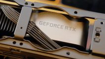 An Nvidia Geforce RTX 3090 Ti GPU sits inside a mini gaming PC frame, showing the logo